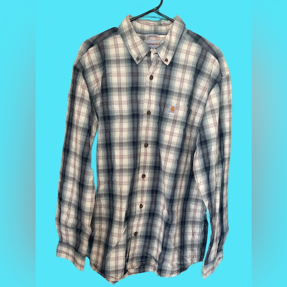 Carhartt Men's Blue and White Plaid Button-Down Shirt